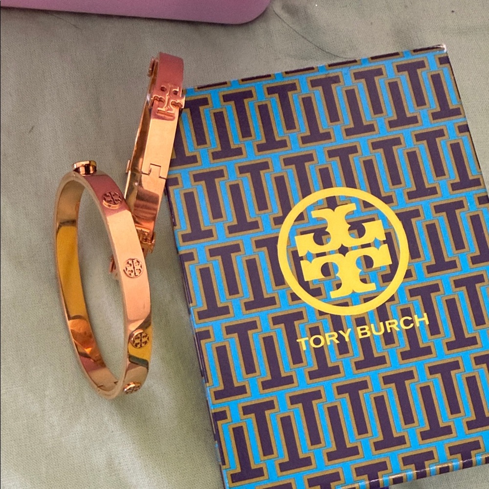 Tory Burch Rose Gold Logo Hinged Bangle Bracelet